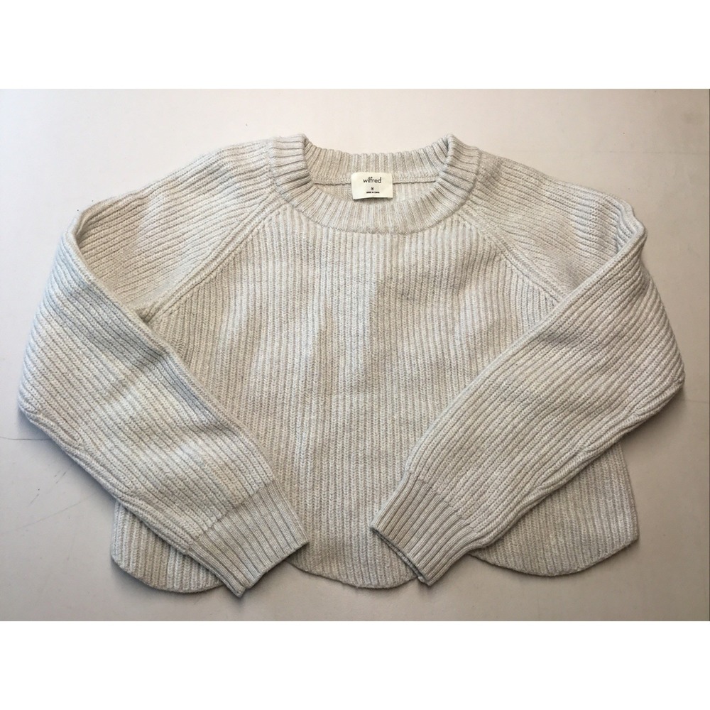 Wilfred Aritzia Taupe Merino Wool Women Crop Sweater Scalloped Edge Sz M